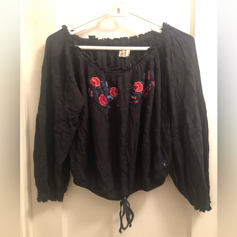 Black Off-Shoulder Peasant Top with Pink Rose Embroidery